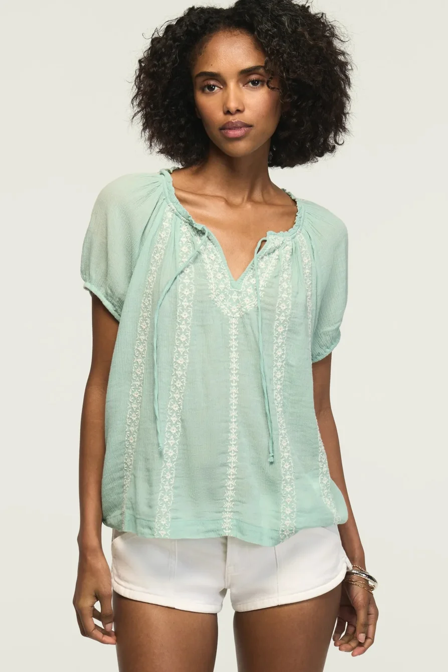 Image of Lucky Brand Contrast Embroidered Short Sleeve Peasant Top - Women's Clothing Peasant Tops Shirts in Blue Surf