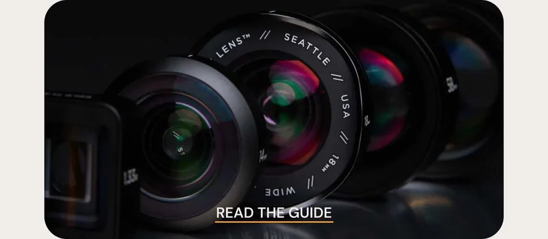 Image of mobile lenses arranged on a black table with the caption "Read the guide"