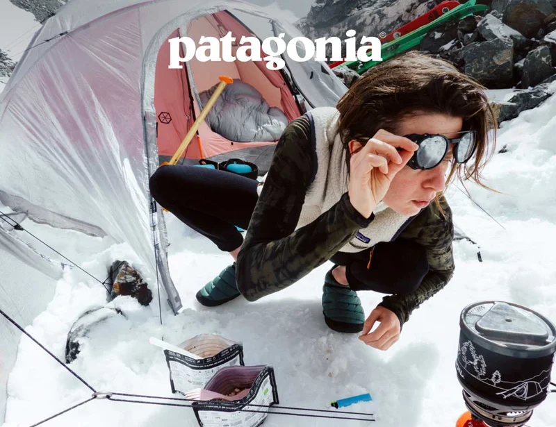 Patagonia. A person heating up food on a camp stove in the snow.