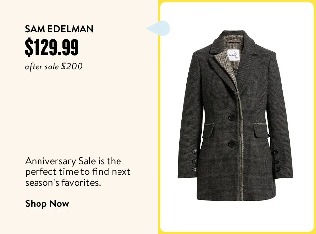 Sam Edelman coat on sale for $129.99. After-sale price is $200.