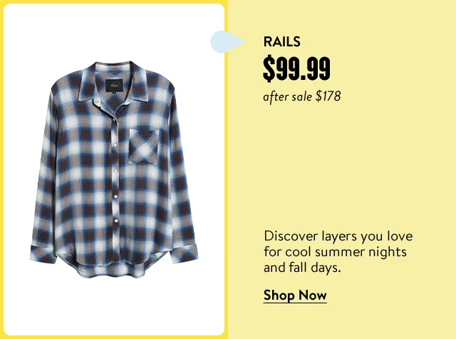 Rails shirt on sale for $99.99. After-sale price is $178.