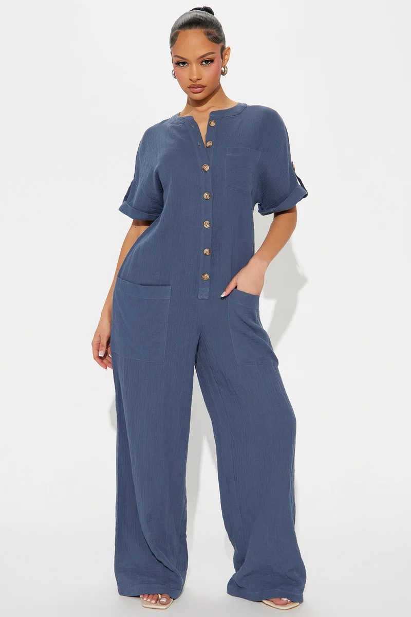Image of Bethany Button Up Jumpsuit - Slate Blue