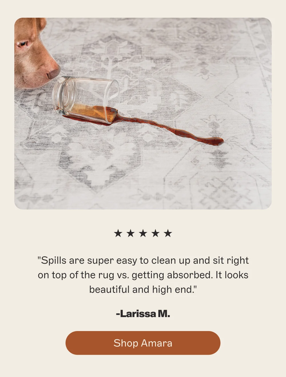 Spills are super easy to clean up and sit right on top of the rug vs. getting absorbed. It looks beautiful and high end. -Larissa M. [Shop Amara]