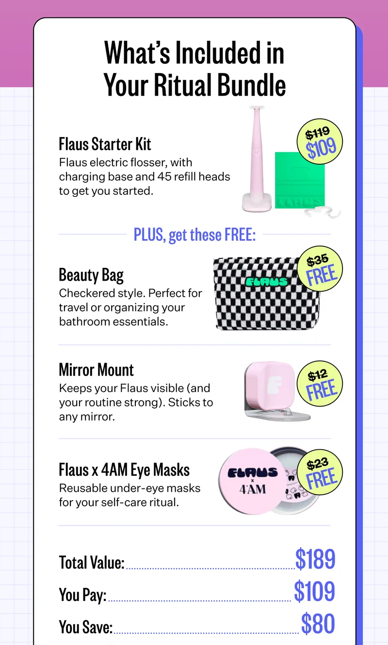What’s Included in Your Ritual Bundle | Flaus Starter Kit: Flaus electric flosser, with charging base and 45 refill heads to get you started. $109. | Plus, get these FREE: Beauty Bag: Checkered style. Perfect for travel or organizing your bathroom essentials. FREE | Mirror Mount: Keeps your Flaus visible (and your routine strong). Sticks to any mirror. FREE | Flaus x 4AM Eye Masks: Reusable under-eye masks for your self-care ritual. FREE | Total value: $189. You pay: $109. You save: $80.
