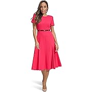 Short Sleeve A-Line Midi Dress with Belt
