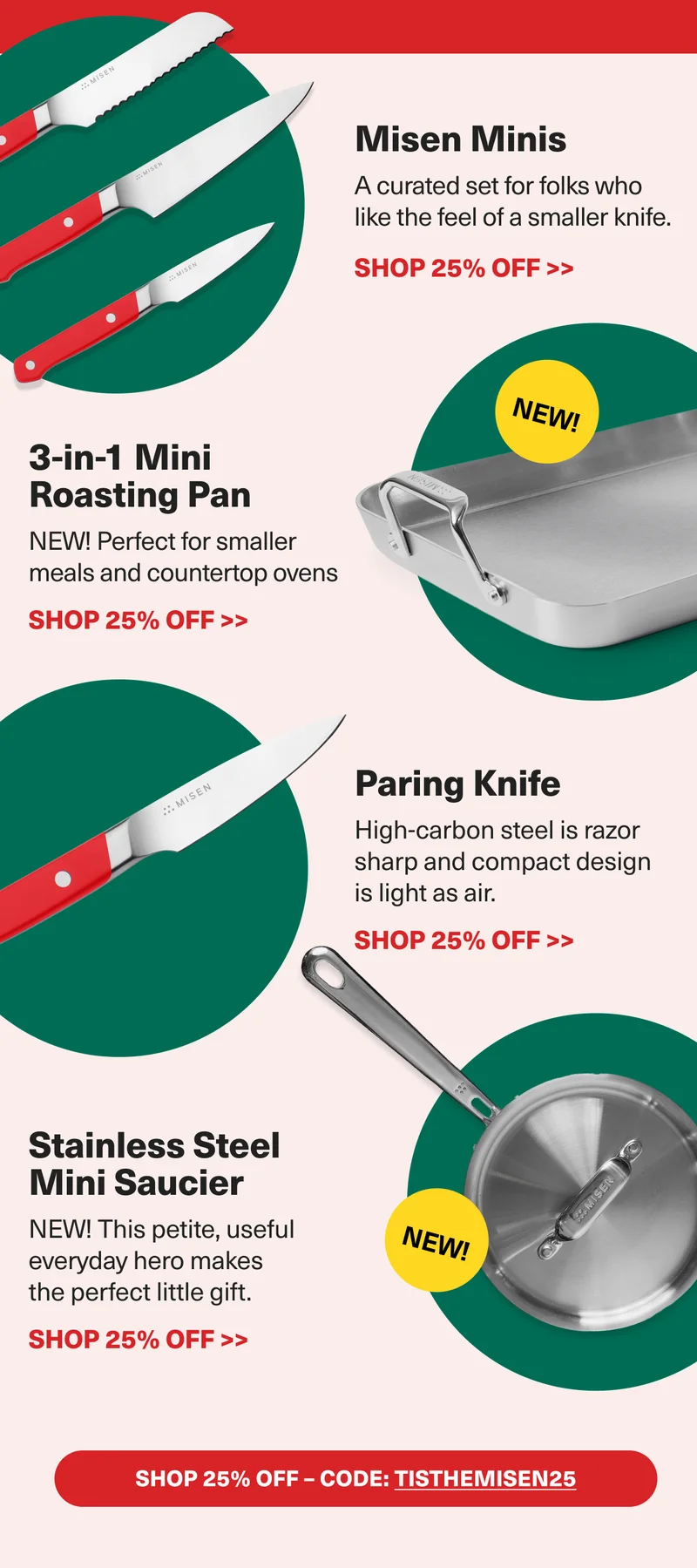 Misen Minis - 3-in-1 Roasting Pan - Paring Knife - Stainless Steel Mini Saucier - Shop Now at 25% Off