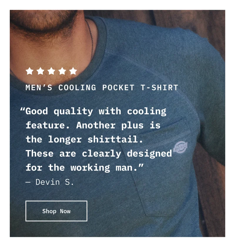 MEN'S COOLING POCKET T-SHIRT: "Good quality with cooling feature. Another plus is the longer shirttail. These are clearly designed for the working man." - Devin S. Shop Now.