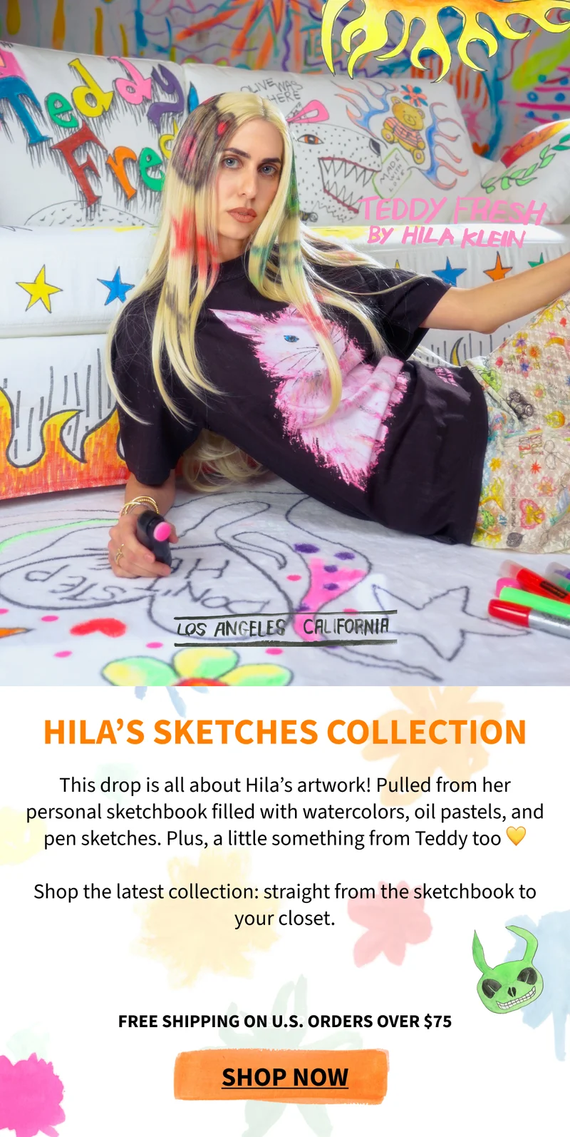 Hila Klein in our studio laying on the floor by the couch she painted herself