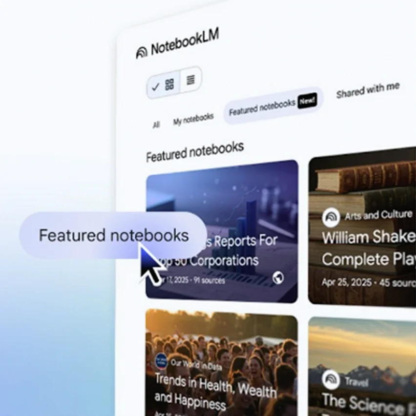 A computer screen displaying NotebookLM with a mouse pointer hovering over the Featured notebooks tab, showcasing various notebook thumbnails including one titled Quarterly Reports For Top 50 Corporations.