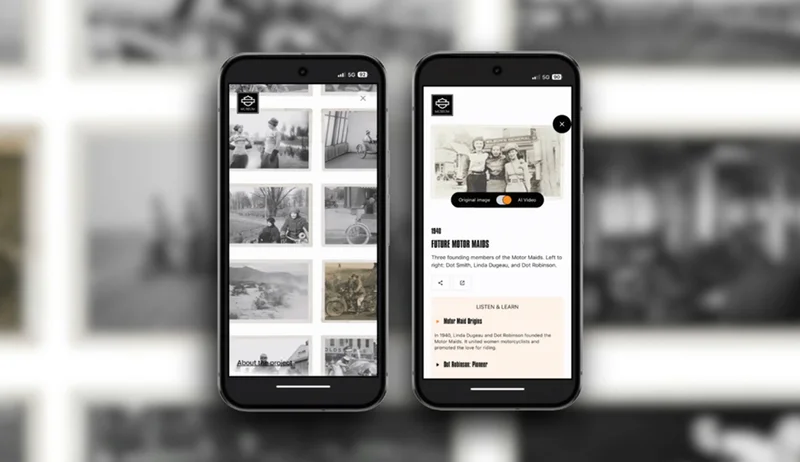 A two-panel image shows a mobile app interface. The left panel displays a grid of black and white historical photos. The right panel shows a single selected photo in color, with a description and Listen & Learn section below it.