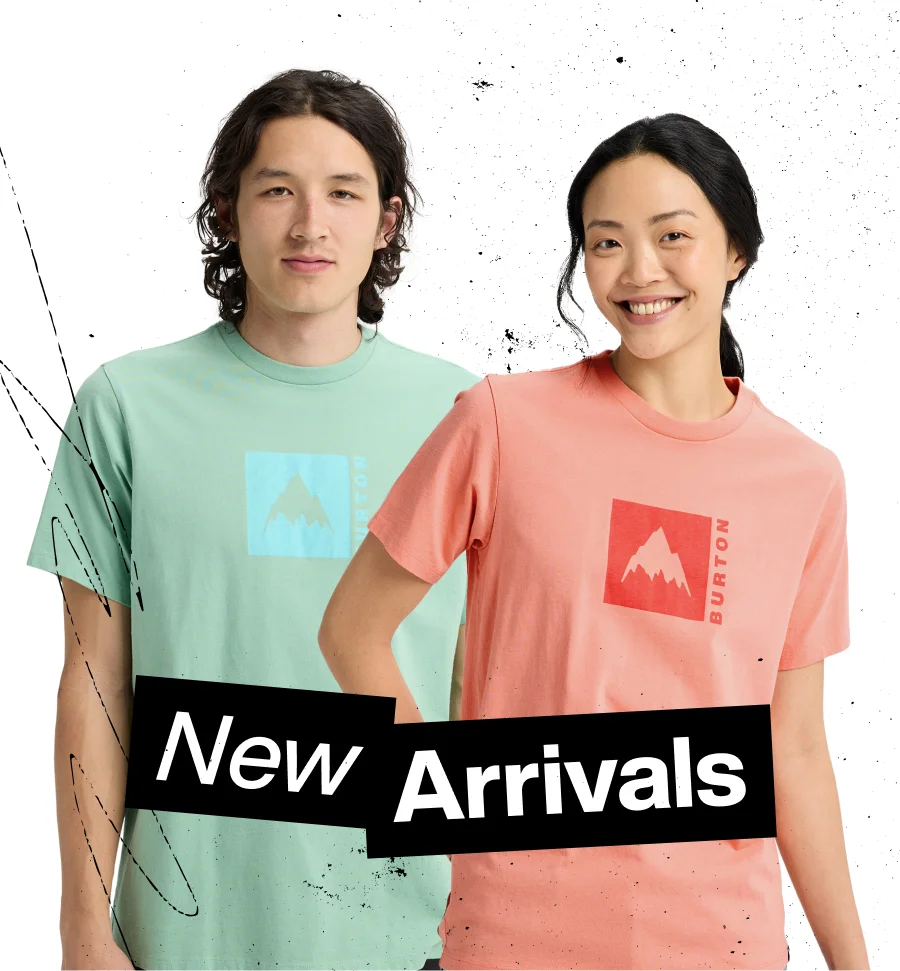 The Burton Classic Mountain Short Sleeve T-Shirt in the new teal and coral with the headline New Arrivals