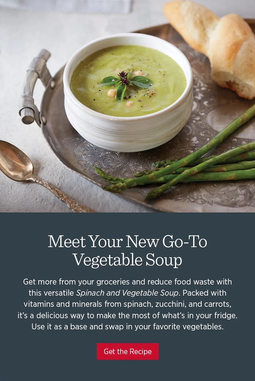 Get more from your groceries and reduce food waste with this versatile Spinach and Vegetable Soup. Packed with vitamins and minerals from spinach, zucchini, and carrots, it's a delicious way to make the most of what's in your fridge.