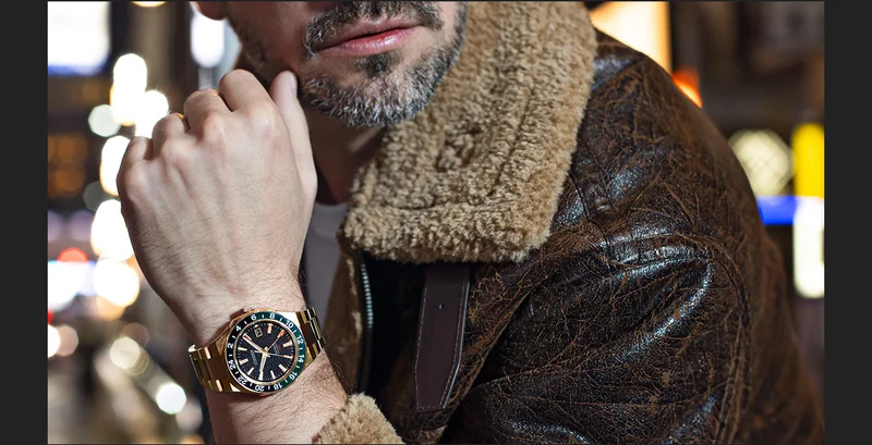 A rose- and gold-tone stainless steel design grabs attention, and a textured black dial with a black and green bezel keeps it.