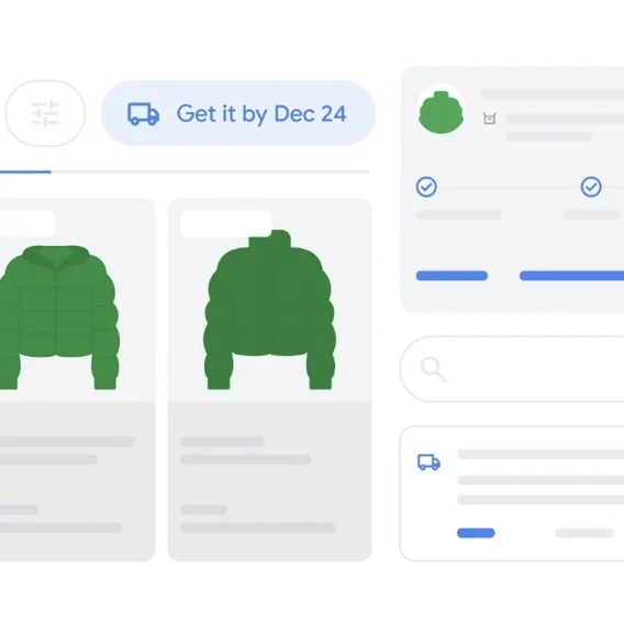 An illustration of a digital panel of shopping items and the phrase 'Get it by Dec 24'
