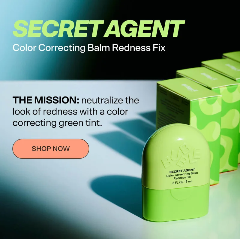 SECRET AGENT Color Correcting Balm Redness Fix [SHOP NOW] [B&A IMAGE- GREEN]  The mission: neutralize the look of redness with a color correcting green tint.