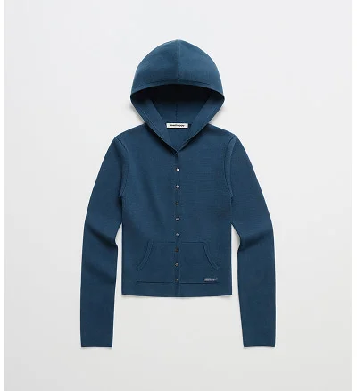Ribbed Knit Hooded Cardigan - Navy