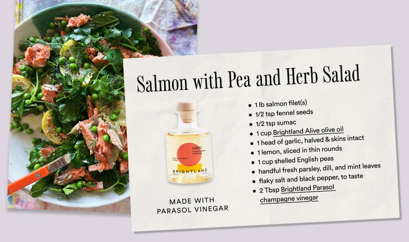Salmon with Pea and Herb Salad. Made with parasol vinegar.