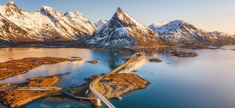 Snowy mountains at the sunset time in Lofoten Islands, Norway
