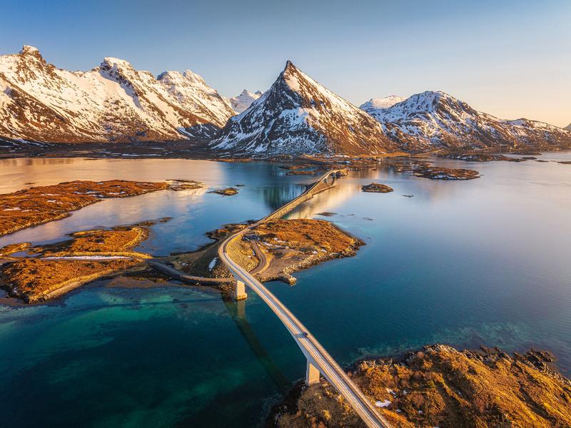 Snowy mountains at the sunset time in Lofoten Islands, Norway