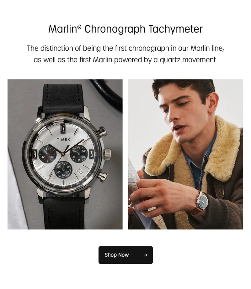 Marlin Chronogarph Tachymeter | The distinction of being the first chrronograph in our Marlin line as well as the first Marlin powered by a quartz movement. | Shop Now