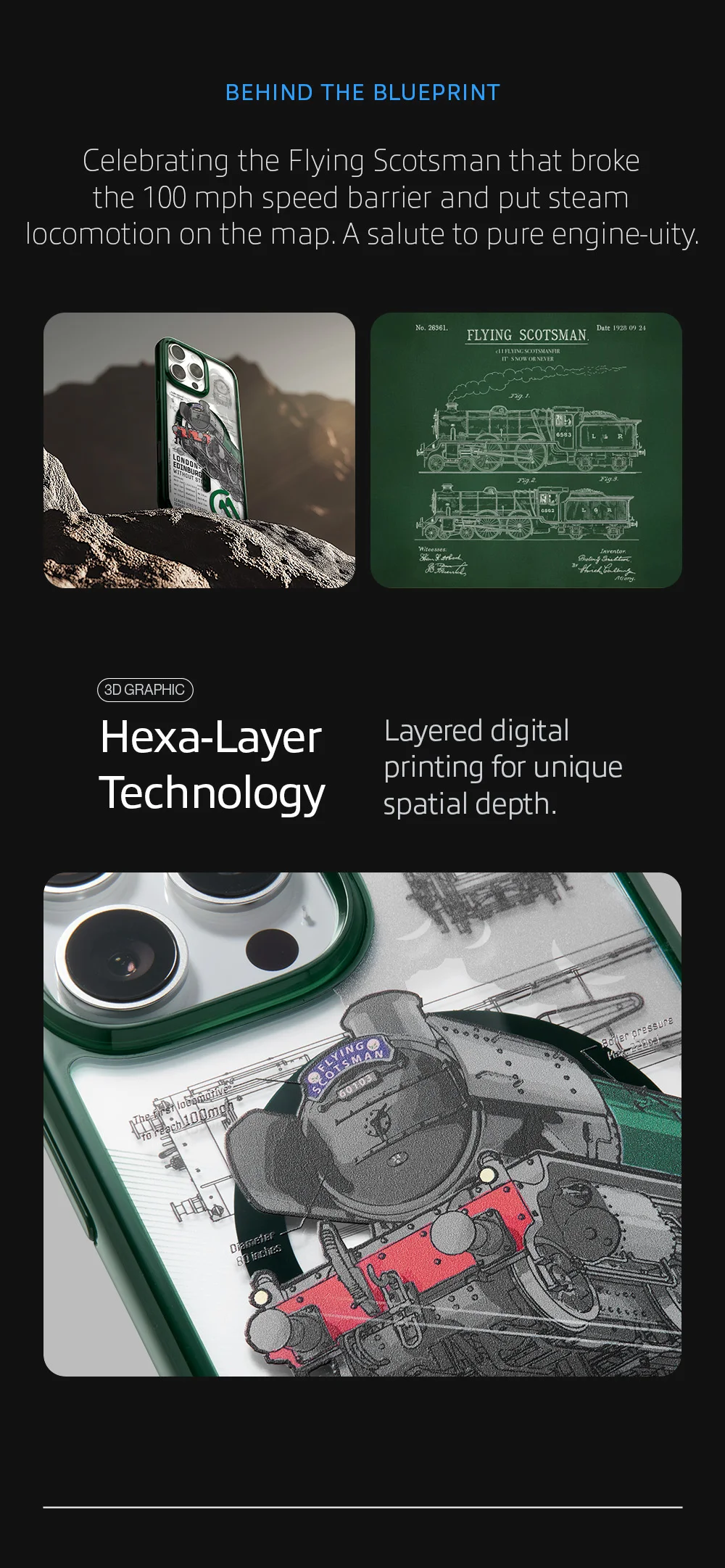 Celebrating the Flying Scotsman that broke the 100 mph speed barrier and put steam locomotion on the map. A salute to pure engine-uity. 3D Hexa-Layer digital printing for unique spatial depth.