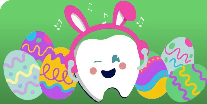 An animated tooth is smiling while wearing bunny headphones. Small music notes hover over the headphones and colorful eggs surround the animated tooth.