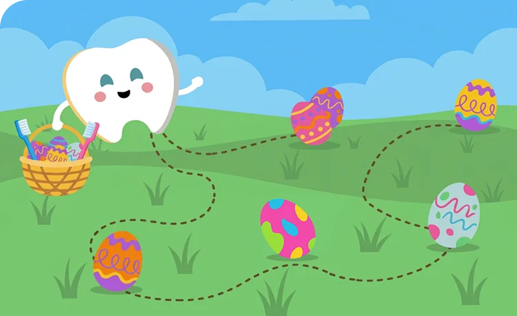 An animated tooth holds an easter basket filled with colorful eggs and toothbrushes. The grass is covered in scattered colorful eggs, connected by a thin dotted line.