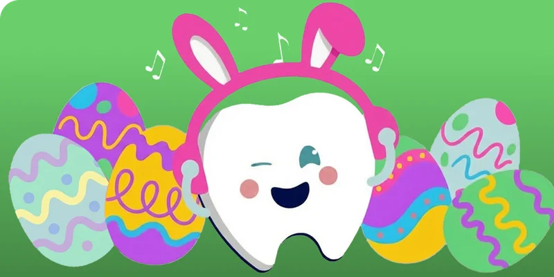 An animated tooth is smiling while wearing bunny headphones. Small music notes hover over the headphones and colorful eggs surround the animated tooth.