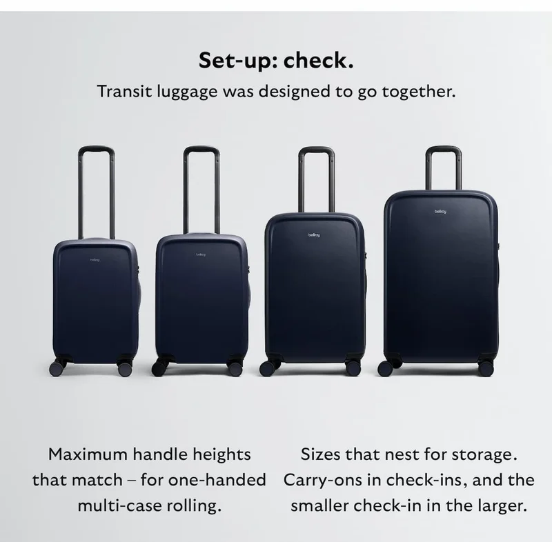 Transit luggage was designed to go together. Maximum handle heights that match – for one-handed multi-case rolling. Sizes that nest for storage. Carry-ons in check-ins, and the smaller check-in in the larger.