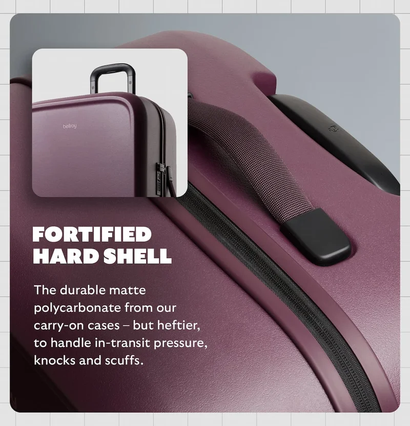 The durable matte polycarbonate from our carry-on cases – but heftier, to handle in-transit pressure, knocks and scuffs.