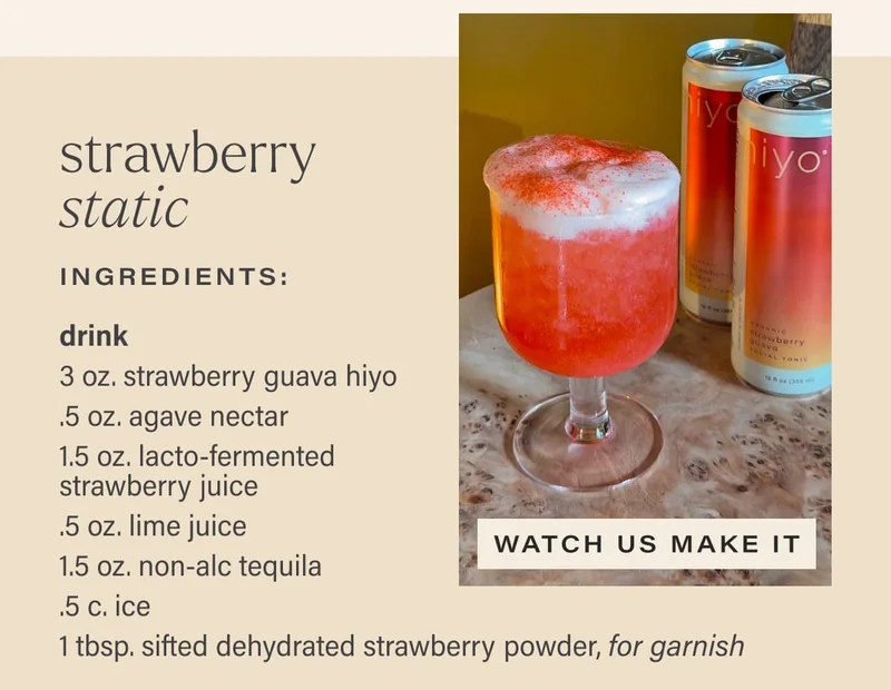 lacto-strawberry juice | 16 oz. fresh strawberries, hulled | 2% salt by total juice weight (you should yield 9–10 oz. of juice), so anywhere from 4.5-5 g of kosher salt | salted guava foam | .5 oz. agave | 4 oz. guava nectar | .5 oz. lime juice | 1 egg white | pinch of kosher salt | [Watch Us Make It]