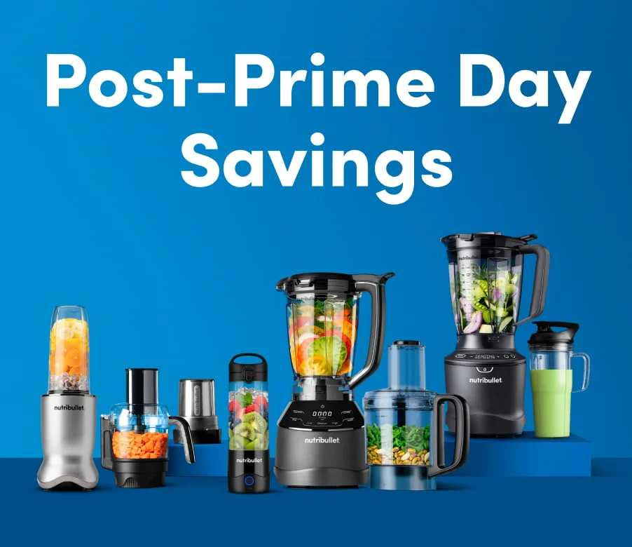 Promotional banner showing a lineup of various nutribullet blenders and smoothie makers against a blue background with "Post-Prime Day Savings" headline.