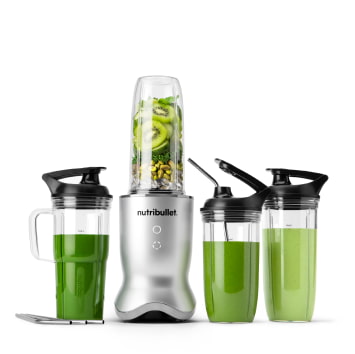 High-powered nutribullet blender with two cups and green smoothies, shown with a 33% discount.