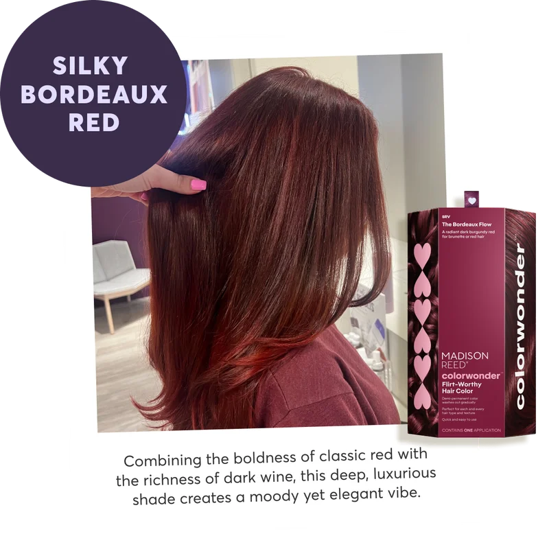 silky bordeaux redCombining the boldness of classic red with the richness of dark wine, this deep, luxurious shade creates a moody yet elegant vibe.