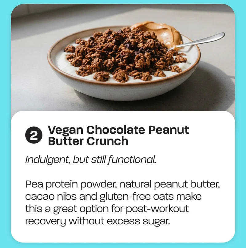 Vegan Chocolate Peanut Butter Crunch - Indulgent, but still functional. Pea protein powder, natural peanut butter, cacao nibs and gluten-free oats make this a great option for post-workout recovery without excess sugar.