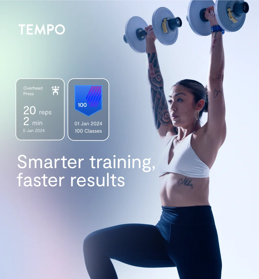 Tempo logo on image preview of Tempo coach doing squats with text: "smarter training, faster resultsr"