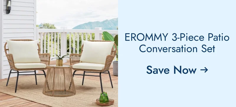 EROMMY 3-Piece Patio Conversation Set with Glass Table & 2 Armchairs, Seat Cushions
