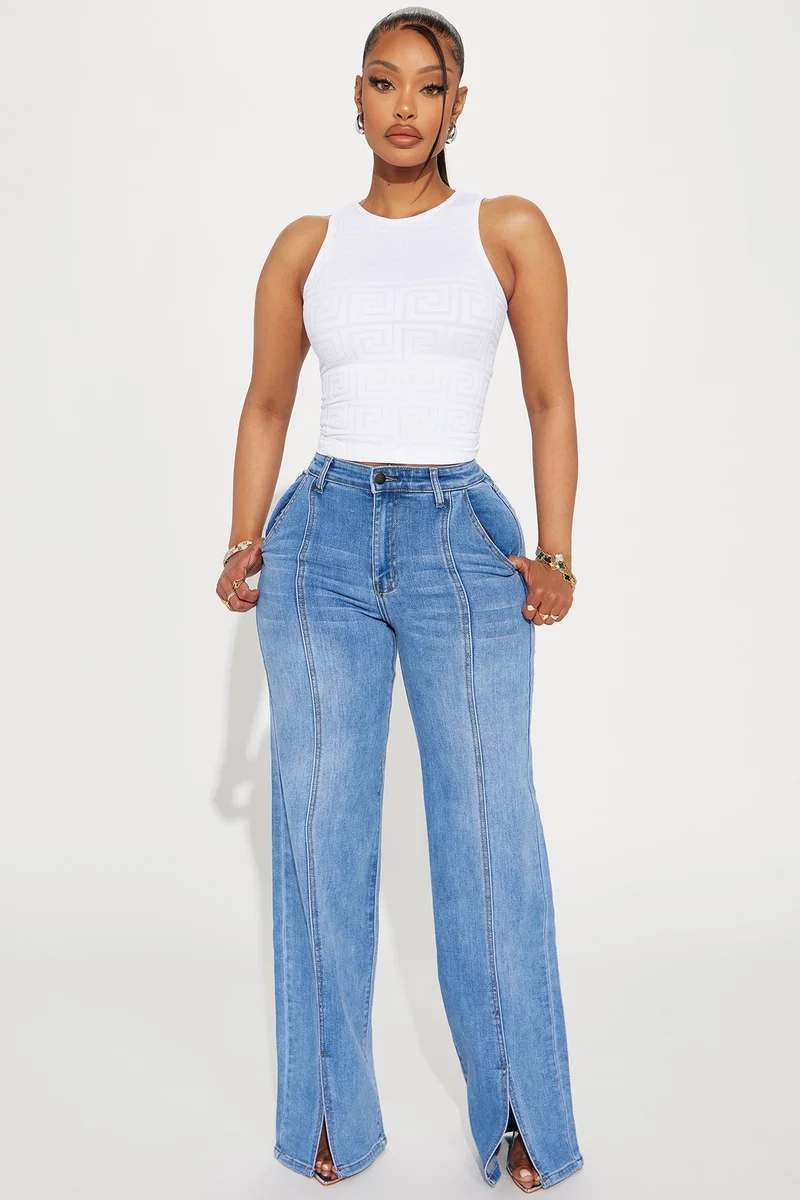 Image of Elodie Split Hem Stretch Trouser Jeans - Medium Wash