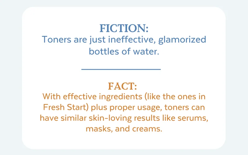 Fiction: Toners are just ineffective, glamorized bottles of water. | Fact:  With effective ingredients (like the ones in Fresh Start) plus proper usage, toners can have similar skin-loving results like serums, masks, and creams.