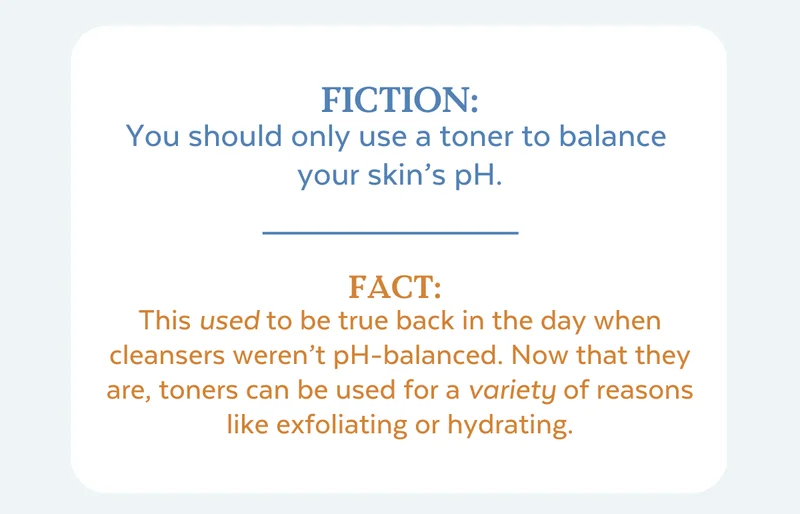 Fiction: You should only use a toner to balance  your skin’s pH. | Fact:  This used to be true back in the day when cleansers weren’t pH-balanced. Now that they are, toners can be used for a variety of reasons like exfoliating or hydrating.