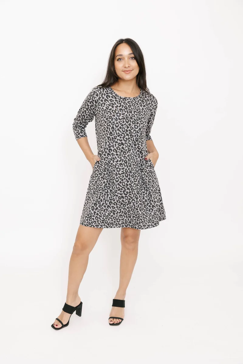 Image of Cleo 3/4 Sleeve Mini Dress in Grey Lola Leopard