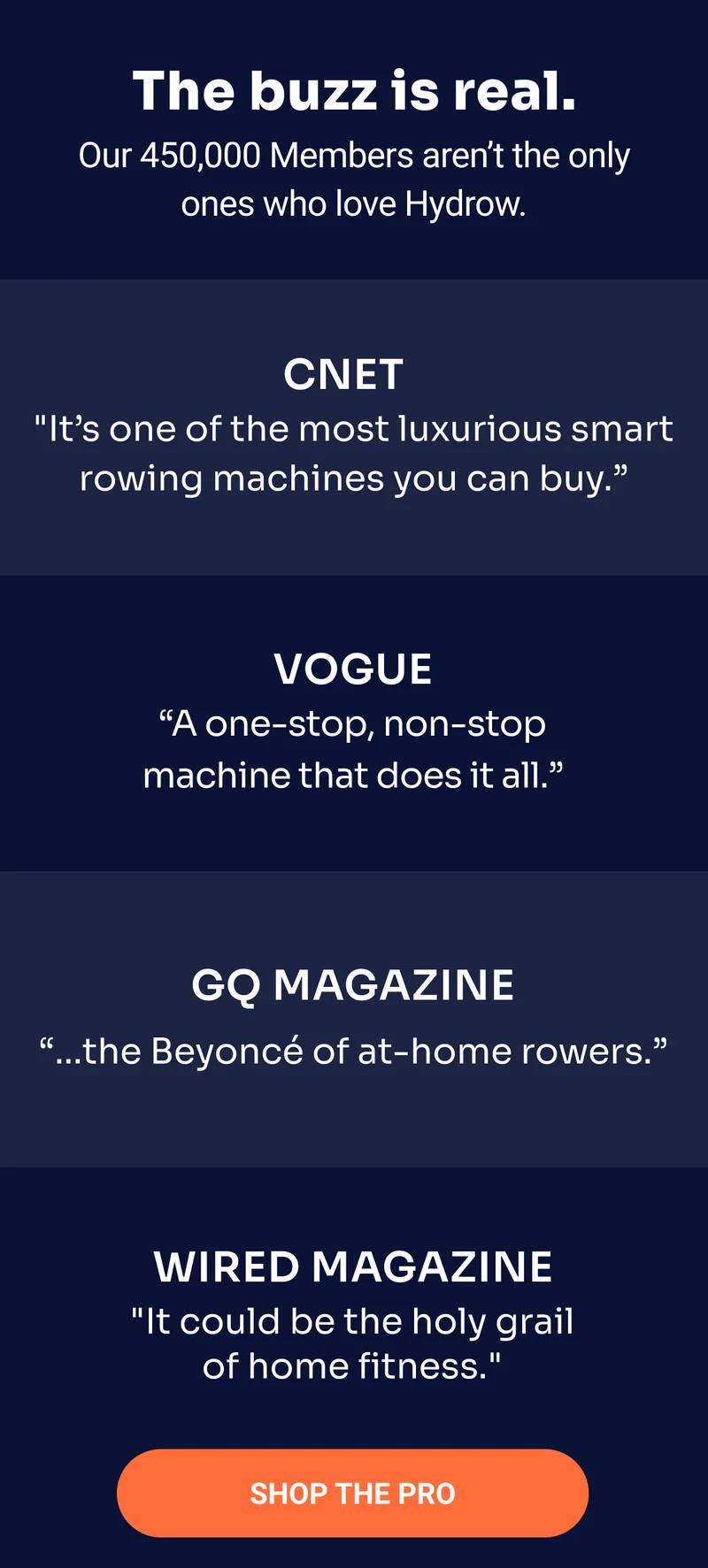 The buzz is real. Our 450,000 Members aren't the only ones who love Hydrow. CNET ''It's one of the most luxurious smart rowing machines you can buy.'' VOGUE ''A one-stop machine that does it all.'' GQ Magazine ''...the Beyoncé of at-home rowers.'' WIRED MAGAZINE ''It could be the holy grail of home fitness.'' SHOP THE PRO