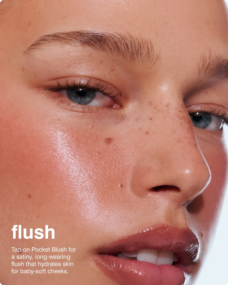 FLUSH Tap on Pocket Blush for a satiny, long-wearing flush that hydrates skin for baby-soft cheeks.