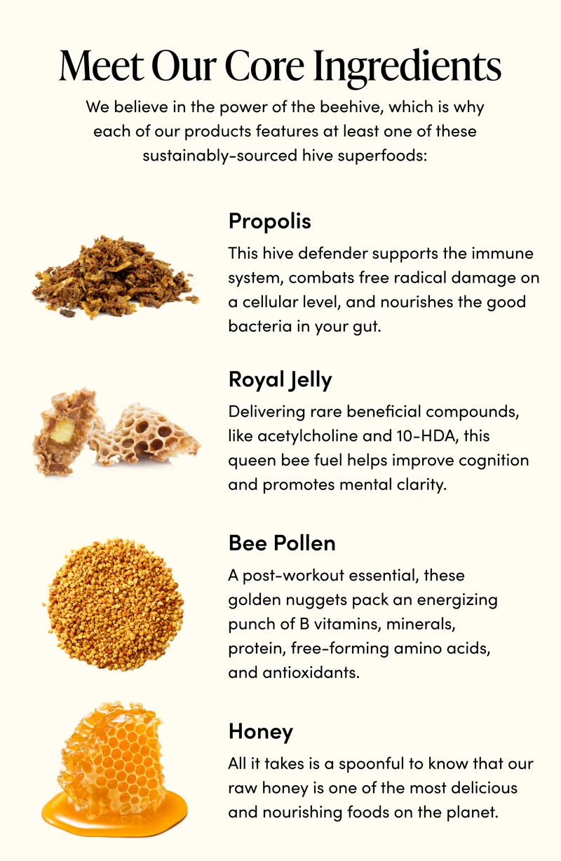 Meet Our Core Ingredients     We believe in the power of the beehive, which is why each of our products features at least one of these sustainably-sourced hive superfoods:  Propolis   This hive defender supports the immune system, combats free radical damage on a cellular level, and nourishes the good bacteria in your gut.    Royal Jelly   Delivering rare beneficial compounds, like acetylcholine and 10-HDA, this queen bee fuel helps improve cognition and promotes mental clarity.    Bee Pollen   A post-workout essential, these golden nuggets pack an energizing punch of B vitamins, minerals, protein, free-forming amino acids, and antioxidants.    Honey   All it takes is a spoonful to know that our raw honey is one of the most delicious and nourishing foods on the planet.
