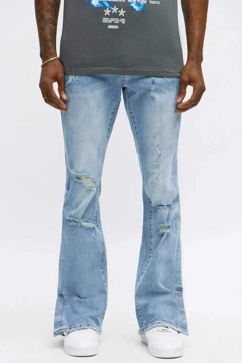 Image of Stacked Skinny Flare Slit Rebel Against Distressed Jean - Light Wash