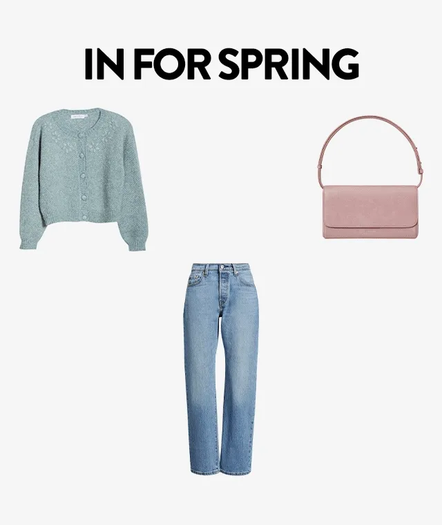 In for spring. A baby blue cardigan, jeans, a pale pink purse, pale yellow sneakers and a blue checked jacket.
