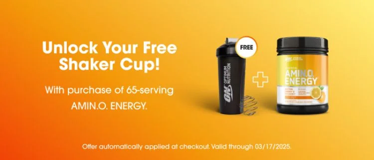 Unlock Your Free Shaker Cup! With purchase of 65-serving AMIN.O. ENERGY. Offer automatically applied at checkout. Valid through 03/17/2025.