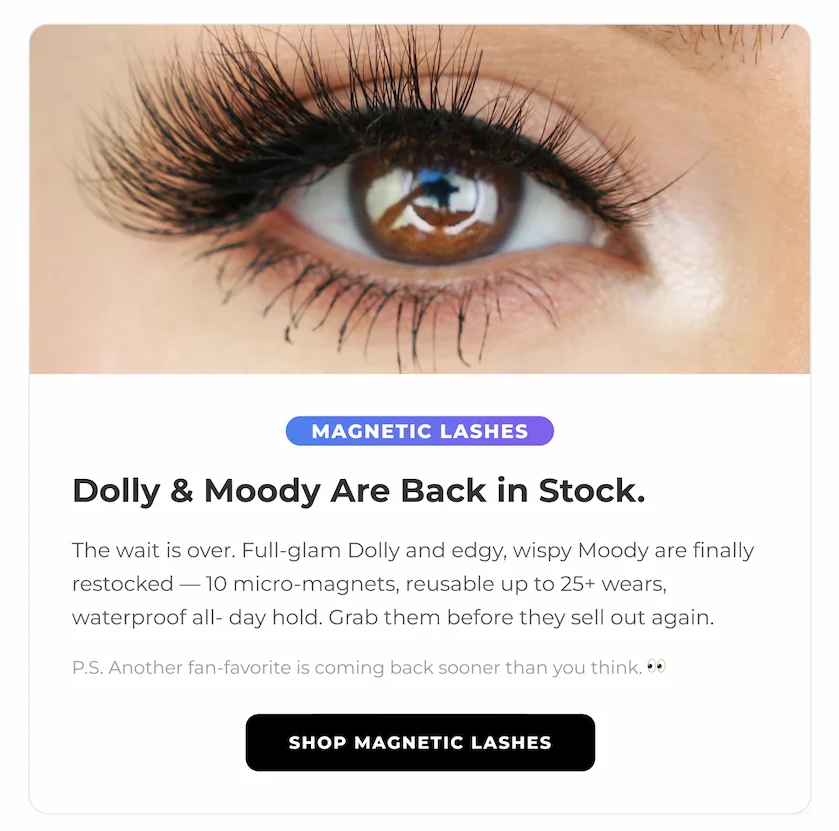 Close-up of an eye wearing dramatic magnetic lashes with a bold, full-glam effect