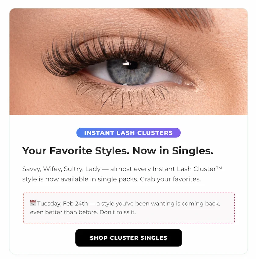 Close-up of an eye wearing individual lash clusters for a customizable look.