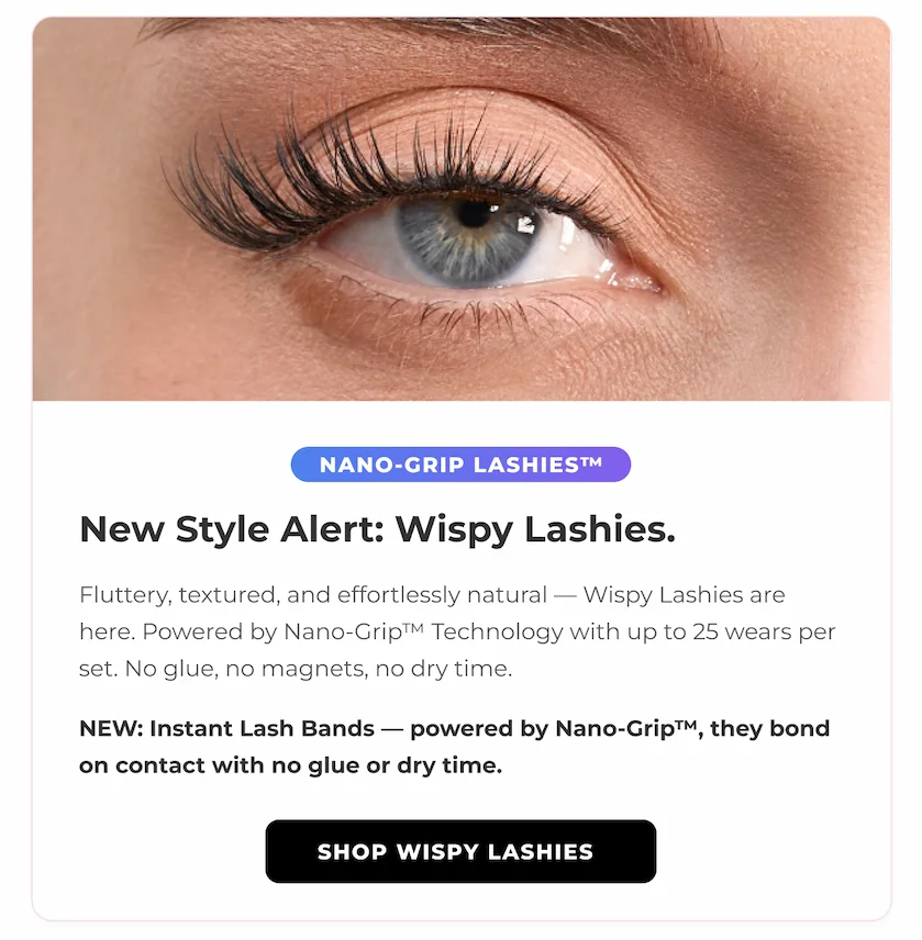Close-up of an eye wearing wispy false lashes with a soft, natural finish.